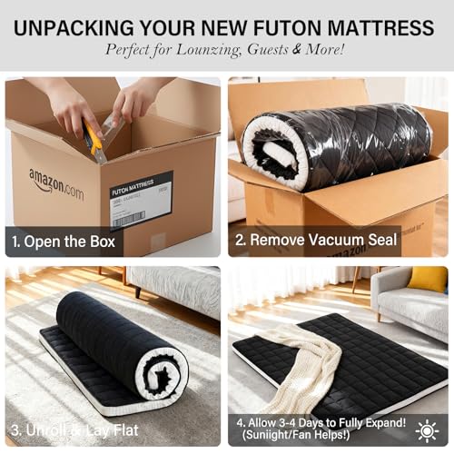 Tiita Japanese Floor Mattress, 4” Thicken Futon Mattress with Storage Bag and 2 Straps,Queen Size Sleeping Tatami Mat for Adults,Black Tiita