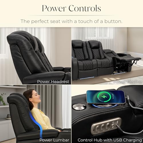 Seatcraft Virtuoso LT Home Theater Seating, Black Zero Gravity Italian Leather Power Recliner Sofa, Gaming and Home Office Chair with Powered Headrest & Lumbar, Heat & Massage, Single Recliner