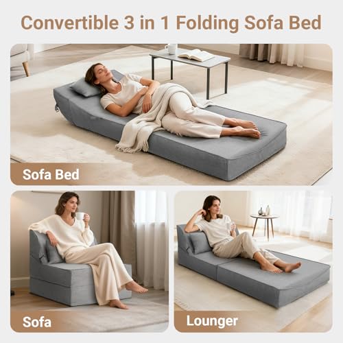BeBen Folding Sofa Bed Chair, Convertible Sleeper Chair Futon Couch, Foldable Boneless Floor Lounger Sofa, Single Foam Chair Bed for Small Spaces, Dorm, Guest Room, Living Room, Apartment, Grey BeBen