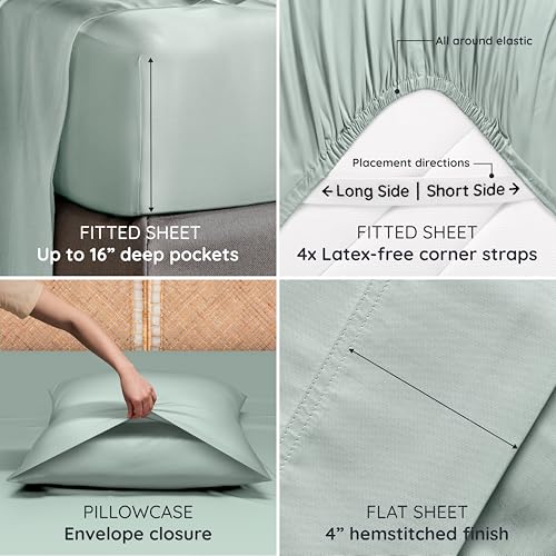Bambaw 100% Viscose Derived from Bamboo Sheets Queen Size Deep Pocket Set – 4pcs Hotel Luxury Bedding Set, Fits Up to 16'' with Elastic Corner Straps, Ultra Soft Cooling Sheets Queen Size (Sea Glass) Bambaw