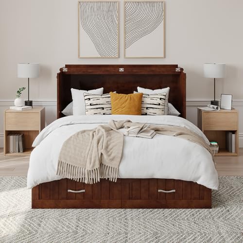 AFI, Southampton Murphy Bed Chest Full with 6" Mattress, Built-in USB Charger & Storage Drawer, Walnut AFI