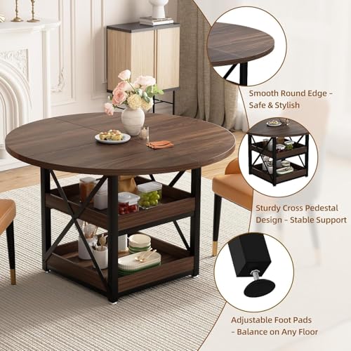 XINNQEE 5-Piece Round Dining Table Set for 4 with Storage, Kitchen Table with 4 PU Leather Chairs, Space Saving for Breakfast Nook, Dinette, Dining Room (Walnut Dining Table-4 Brown Chairs) XINNQEE