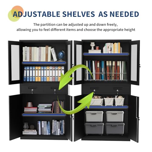 GarveeHome 71 in Tall Metal Garage Storage Cabinet, Display Cabinet with Glass Doors, 2 Drawers & 2 Adjustable Shelves, Lockable Garage Organizer for Home Office GarveeHome