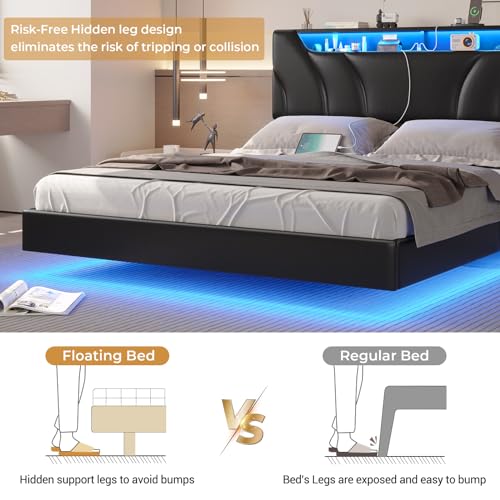 DICTAC Full Size Floating Bed Frame with led Lights & Storage Headboard Full Led Visual Floating Bed with Outlets Faux Leather Upholstered Platform Bed with Hidden Storage,No Box Spring Needed,Black DICTAC