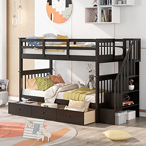 Harper & Bright Designs Twin Over Twin Bunk Bed with Stairs and Drawers, Solid Wood Stairway Bunk Bed with Storage for Kids Teens Adults, Bedroom, Dorm (Espresso) Harper & Bright Designs