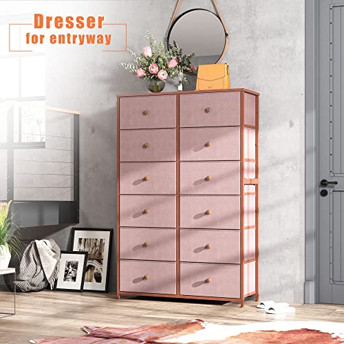 EnHomee Dresser with 12 Drawers, Tall Dressers for Girls Bedroom with Wood Top Metal Frame, Chest of Drawers for Bedroom, Closets, Pink, 11.9" D x 34.8" W x 52.2" H EnHomee