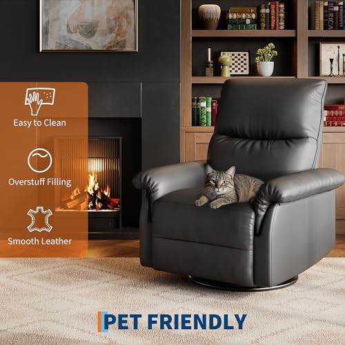 Manual Recliner Chair for Adults, PU Leather Swivel Rocker Recliner with Padded Armrests, Modern Upholstered Reclining Chair for Living Room or Nursery (Black)