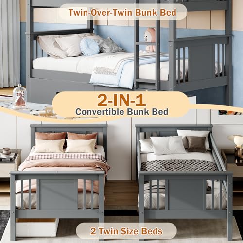 FUQARHY Bunk Bed Twin Over Twin with Storage Drawers, Gray Convertible Wood Twin Bunk Beds with Ladder and Safety Guardrail, No Box Spring Needed (Blue-Gray) FUQARHY