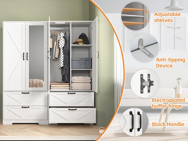 CUPYUOOU 72" White Armoire Wardrobe Closet with Mirror Door & LED Light, 2-Door Bedroom Clothes Cabinet with Hanging Rod, Drawers & Adjustable Shelves, Modern Farmhouse Storage Wardrobe for Apartment CUPYUOOU