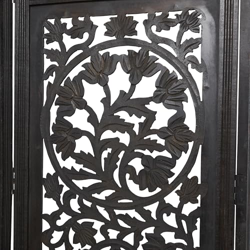 Deco 79 Wood Floral Handmade Partition Room Divider Screen Foldable Partition Carved 4 Panel Privacy Screen, Room Partition 80" x 1" x 72", Black Deco 79