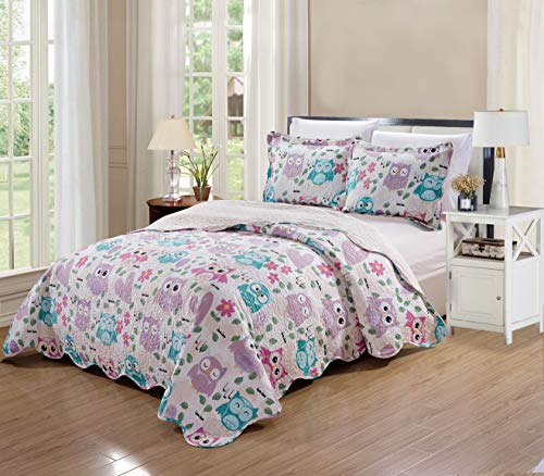 Kids Zone Collection Bedspread Set wls Pink Purple Aqua Blue Singing Owl Music Notes Hearts Flower Leaves for Girls/Teens Multi-Color New # Owl (Full/Queen) Kids Zone Home Linen
