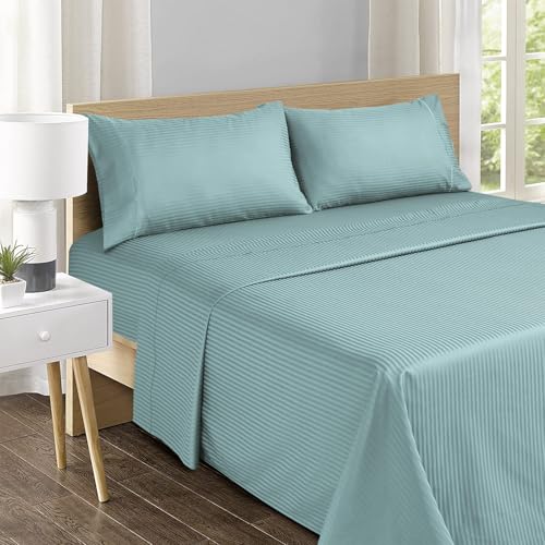 Feather & Stitch 500 TC King Size Bed Sheet Set, 100% Cotton Soft Breathable Bedsheets, 4 Piece 18" Deep Pockets Sateen Weave Striped Bedding Mattress Resort Hotel Luxury - (Granite Green Stripe) FEATHER & STITCH NEW YORK
