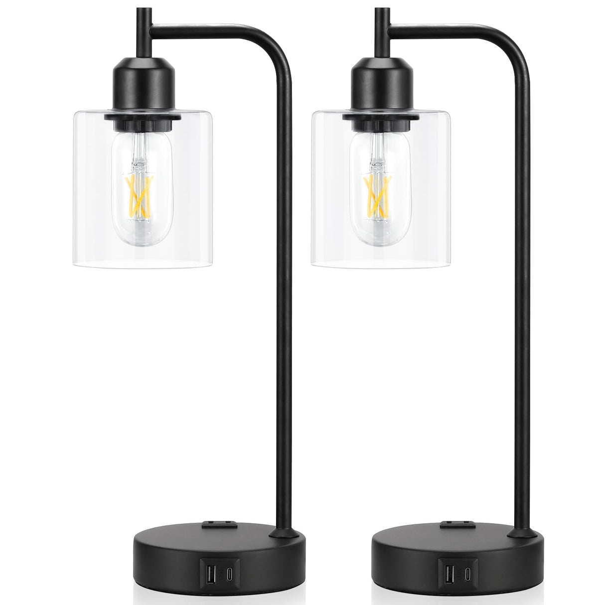 Industrial Touch Table Lamps for Bedrooms Set of 2 - 3-Way Dimmable Nightstand Lamps with USB C+A Ports and Outlet, Black Bedside Lamps with Glass Shade for Living Room, Desk Lamps for Home Office Innqoo
