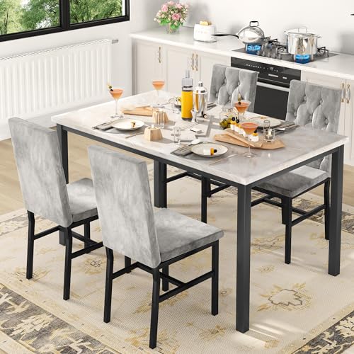 Hooseng Dining Table Set for 4, Faux Marble Small Kitchen Table Chairs Set of 4 with Luxurious Button Tufted Dinner Chairs for Kitchen and Dining (Beige) Hooseng