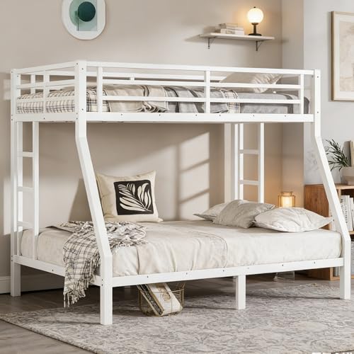Bellemave Twin Over Full Bunk Bed with Ladders, Metal Bunk Beds Frame with Full-Length Guardrails, Heavy-Duty Bunkbed for Bedroom, Guest Room, Dorms, Noise-Reduce and No Spring Box Needed, White Bellemave