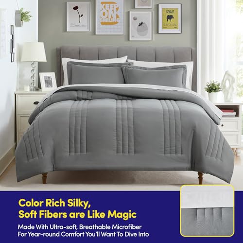 Queen Comforter Set Quilted Stripe Bedding Bundle β Comforter, Mattress Protector, Sheets with Pockets on the Side & Built-in Corner Strap β Fitted Sheet Media Pocket for Devices, Gray/Silver Sweet Home Collection