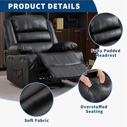 Rocking Recliner Chair for Adults Wide 360° Swivel Rocker Recliner with Cup Holder Nursery Glider with Upholstered Deep Seat PU Leather Comfy Single Sofa for Living Room Black