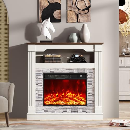 TRONLEE 40" H Electric Fireplace with Mantel, LED Flame Effect,4800 BTU Heating Small to Medium Spaces 60-99°F,Overheat Protection,Remote Control,Freestanding (Off White) TRONLEE