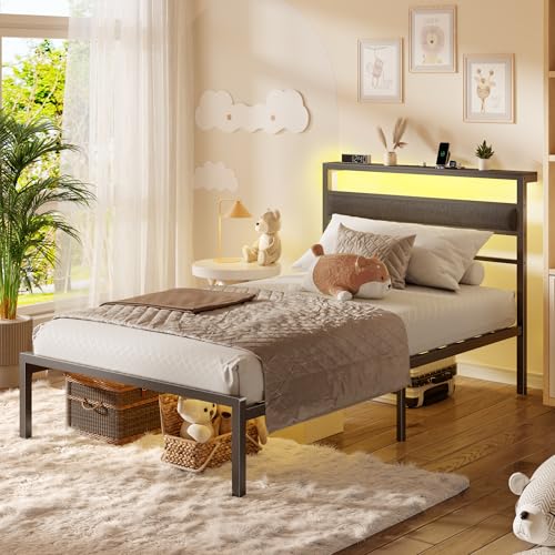 OURPIC Twin Bed Frames for Kids, Metal Platform Bed Frame Twin Size with Charging Station and LED Lights, Upholstered Headboard and Storage Shelf, No Box Spring Needed, Easy Assembly OURPIC