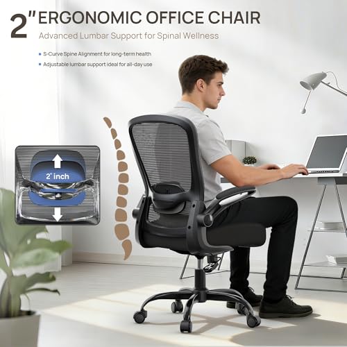 Mimoglad Ergonomic Office Chair - BIFMA Certified, Flip-up Armrests & 135° Recline, Adjustable Lumbar Support - Space-Saving Task Chair for Business/Team Office & Home (Black, 350lbs) Mimoglad
