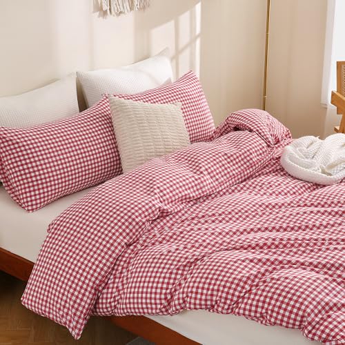 TOCOMOA Red Gingham Duvet Cover Bedding Set 100% Washed Cotton Like Linen Feel Super Soft Comfortable 3 Piece Cute Plaid Checkered Comforter Cover Set (Queen 90"x90", Comforter Not Included) TOCOMOA