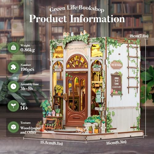 Fsolis Book Nook Kit, 3D Wooden Puzzles for Adults DIY Miniature House Kit Mini Building Kit Booknook Bookstore Bookshelf Diorama Gifts for Women Book Lovers (Green Life's Bookshop)