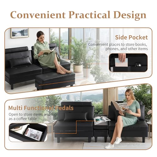 DRMBOOK Convertible Futon Sofa Bed Set with Storage Ottoman, Adjustable Recliner Sleeper Sofa Bed with Side Pocket, Comfy Futon Couch with Table for Living Room, Dorm, Office (Faux Leather, Black) DRMBOOK