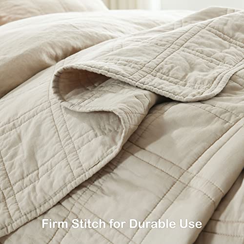 HORIMOTE HOME 100% Cotton Quilt Queen Size Beige Bedspread, Pre-Washed 3-Piece Cozy Lightweight Stitching Decorative Bedding Cover Coverlet Set with 2 Shams in Geometric Pattern for All Season HORIMOTE HOME