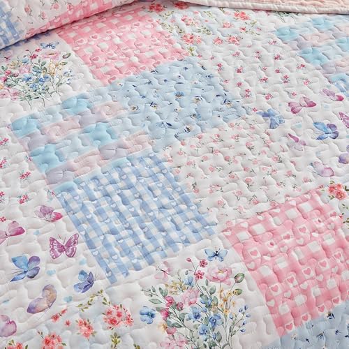 Joyreap Twin Size Quilt Set for Girls, Pink n Blue Floral Patchwork Design, 2 Pieces Soft n Cozy Microfiber Quilt, Bedspread Bed Cover for All Season- 68x88 inches Joyreap