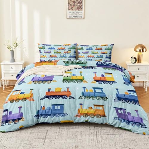 3-Piece Double-Sided Printed Duvet Cover Set Single – Soft Microfiber Bedding with Minimalist Children Cartoon Design with Zipper Closure,Includes 1 Duvet Cover + 2 Pillowcases Blue Generic