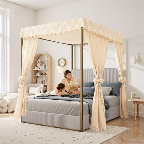 DGSPVCT Queen Size Metal Canopy Bed Frame, Upholstered Platform Bedframe with Tall Headboard and Four Poster, Modern Luxury Corduroy Low Profile Bed Frames, No Box Spring Needed/Minimalism, Beige Gold