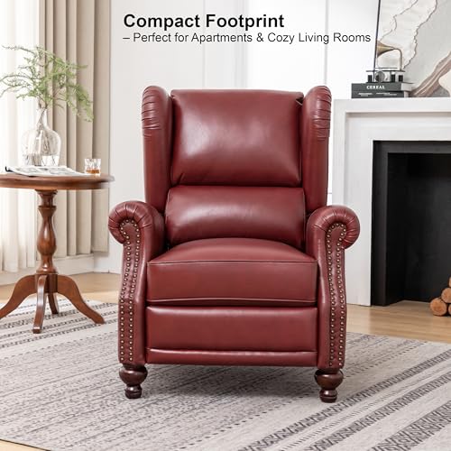 SHINE FURNISHING Genuine Leather Recliner Chair with Nailhead Trim, Mid Century Modern Push Back Recliner with Thick Cushioned Seat, Single Sofa & Accent Chair for Living Room (Burgundy)