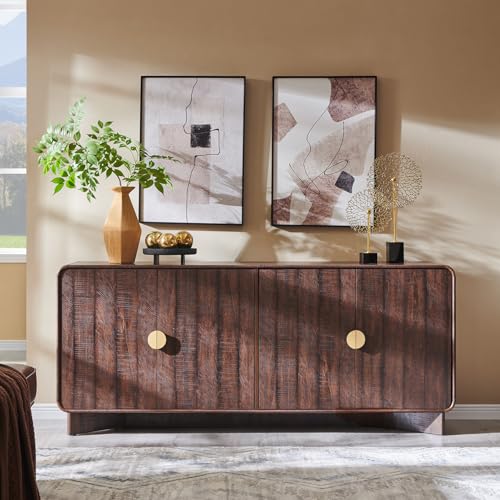 IFGET Modern Buffet Cabinet with Storage, 70" Large Sideboard Buffet Storage Cabinet with 4 Doors and Adjustable Shleves, Wooden Curved Coffee Bar for Dining Room, Kitchen, Living Room, Brown IFGET