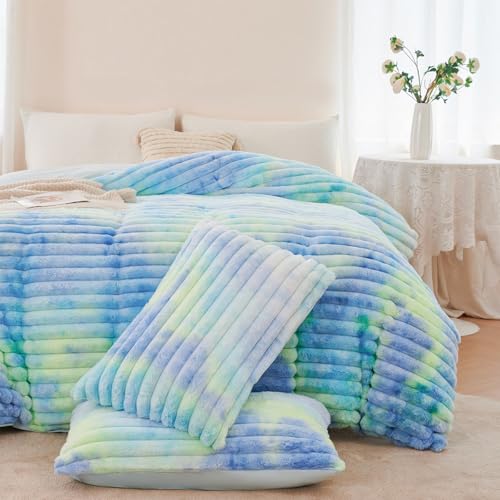 ZRNBAST Fluffy Duvet Cover Twin Size, Tie Dye Blue Green Plush Fleece Bedding Sets, Super Soft Faux Fur Bed Set with Zipper, Luxury Fuzzy Comforter Cover with 2 Pillowcases(Blue Green, Twin) ZRNBAST