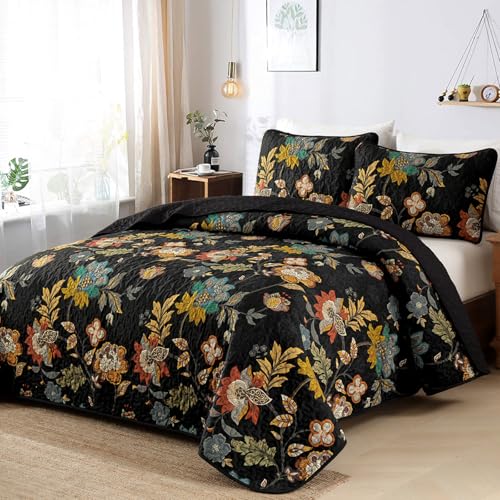 WONGS BEDDING Quilt Set Queen Size, Black Botanical Queen Bedspread Bedding Sets, 3 Pieces Floral Quilt with 2 Pillowcases,Soft Lightweight Microfiber Coverlet Set for All Season(96"X90") WONGS BEDDING