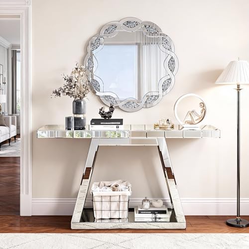 Goujxcy 2 Piece Silver Mirrored Console Table and Round Wall Mirror Set, 55.9" Rectangle Luxury Mirrored Entryway Sofa Table and 31.5" Crush Diamond Wall Mirror Set for Living Room Hallway Entrance Goujxcy
