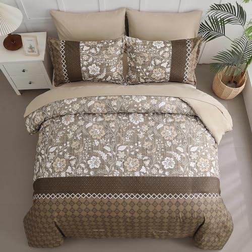 WONGS BEDDING Brown Comforter Set Queen, 7 Pieces Bed in a Bag Floral Patchwork Soft Microfiber Queen Sheet Set with Comforter, Flat Sheet, Fitted Sheet, Pillow Shams,Pillowcases WONGS BEDDING