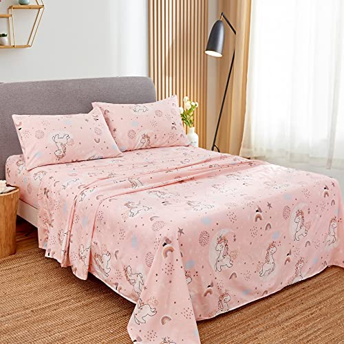 JSD Pink Unicorn Kids Sheet Set Twin Size, 3 Piece Girls Rainbow Printed Microfiber Bed Sheets Deep Pocket JSD