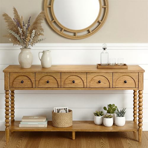 SAND STONE HOME Pembroke 58” Cottage Sofa Console Table with Drawers & Lower Shelf Storage, Narrow Entryway Table or Dining Server with Levelers | Prairie Oak Natural SAND STONE HOME