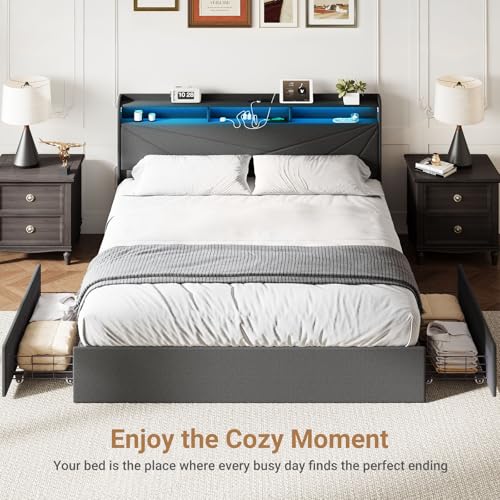 MALOL Bed Frame, King Bed Frame with Headboard & Storage Shelf, Metal Platform Bed Frame with 4 Storage Drawers, Built-in Charging Station, Led Light, Wood Bed Frame, No Box Spring Needed, Grey MALOL