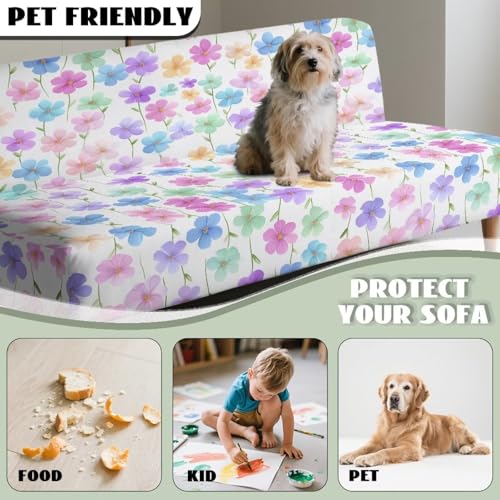 Fipuivrn Colorful Cherry Blossom Print Armless Futon Sofa Cover, Anti Scratch Furniture Protector Breathable Folding Sofa Bed Slipcover with Stretch Bottom for Kids and Pets Fipuivrn
