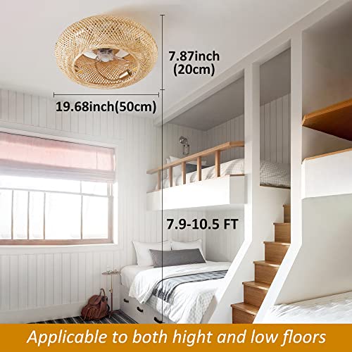 ainqiant Boho Caged Ceiling Fan with Light Flush Mount, 20 Inch Enclosed Rattan Ceiling Fans with Lights and Remote Control,Low Profile 6 Speeds for Bedroom, Living Room ainqiant