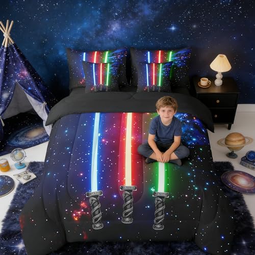 Feelyou 3D Galaxy Lightsaber Comforter Set with Sheets Green Blue Red Lightsaber 7 Piece Bedding Set Full Size for Kids Boys Girls Bedroom Bed Decor Lightsaber Bed in a Bag Neon Lightsaber Bed Set Feelyou