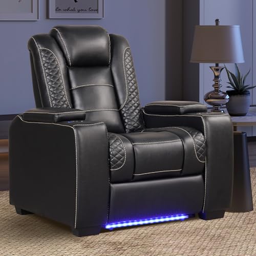EBELLO Power Home Theater Seating, Electric Gaming Recliner Chair with Adjustable Headrest, Faux Leather Movie Reclining Chairs with Cup Holders LED Lights,USB Port,Hidden Arm Storage, Black