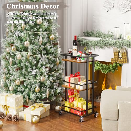 OKZEST 3 Tier Bar Cart for Home, Rolling Mini Liquor Bar for Wine Beverage Dinner Party, Utility Kitchen Storage Island Serving Cart on Wheels, Coffee Bar Cabinet for Kitchen Dining Living Room, Brown OKZEST