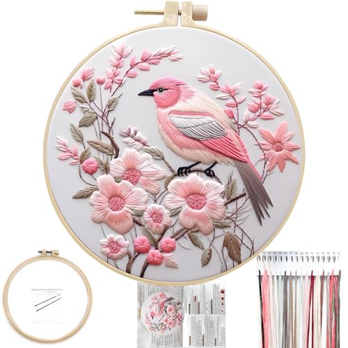 FONNUY Embroidery Kit for Beginners, Hummingbird Flowers Pre-Stamped Pattern Kits for Adults with Hoop, Easy to Follow Color Thread Needlework, 8''Hoop (Lightpink)