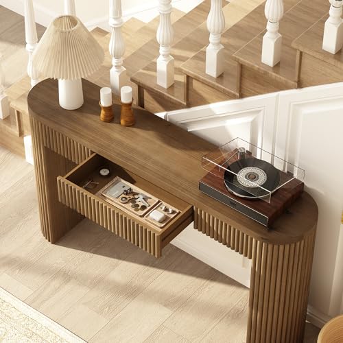 Solid Wood Console Table with Drawer - 55 Inches Mid Century Modern Fluted Foyer Table, Entryway Hallway Minimalist Sofa Table, Oval with Drawer HOKYHOKY