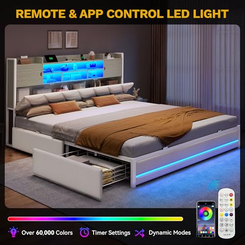 DWVO King Size Bed Frame with RGB LED Lights & Storage Bookcase Headboard, Upholstered Bed with Charging Station and 4 Drawers, No Box Spring Needed, Easy Assembly, Noise-Free, PU Leather White DWVO