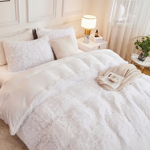 Andency Faux Fur White Comforter King Size, 3 Pieces Fluffy Fuzzy Plush Bedding Comforter Set (1 Shaggy Velvet Comforter & 2 Pillowcases), Soft Puffy Comfy Down Alternative Comforter Bedding Set Andency