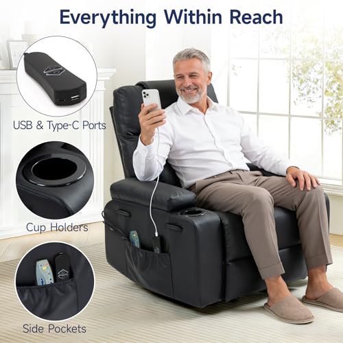 Brage Living Power Lift Recliner Chair for Elderly with Massage & Heat, PU Leather Electric Recliner with USB Charge Port, 160° Adjustable Recline, Stand Assist, Remote Control, Cup Holders (Black)